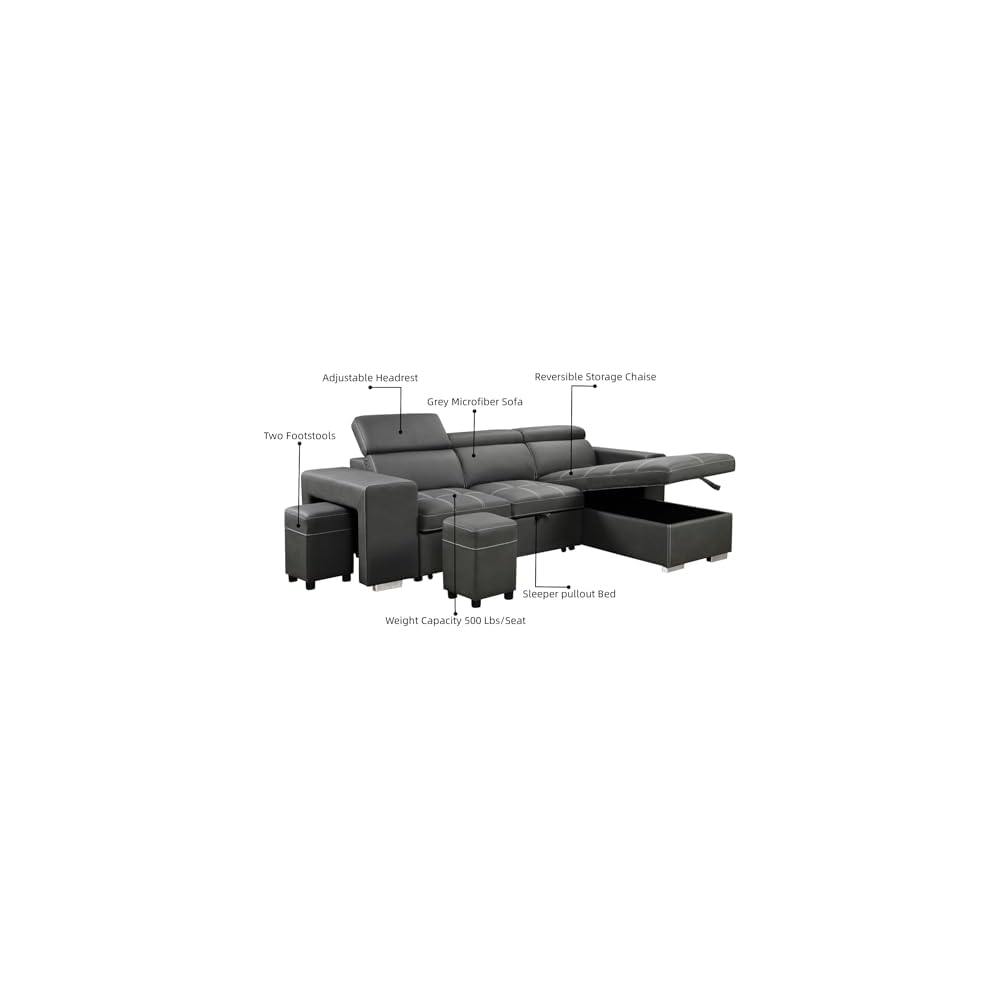 THSUPER 102'' Microfiber L Shaped Sectional Sleeper Sofa Couch with Pullout Bed and Storage Chaise, Convertible Couches with Adjustable Headrest for Living Room, Reversible Chaise. Charcoal Grey