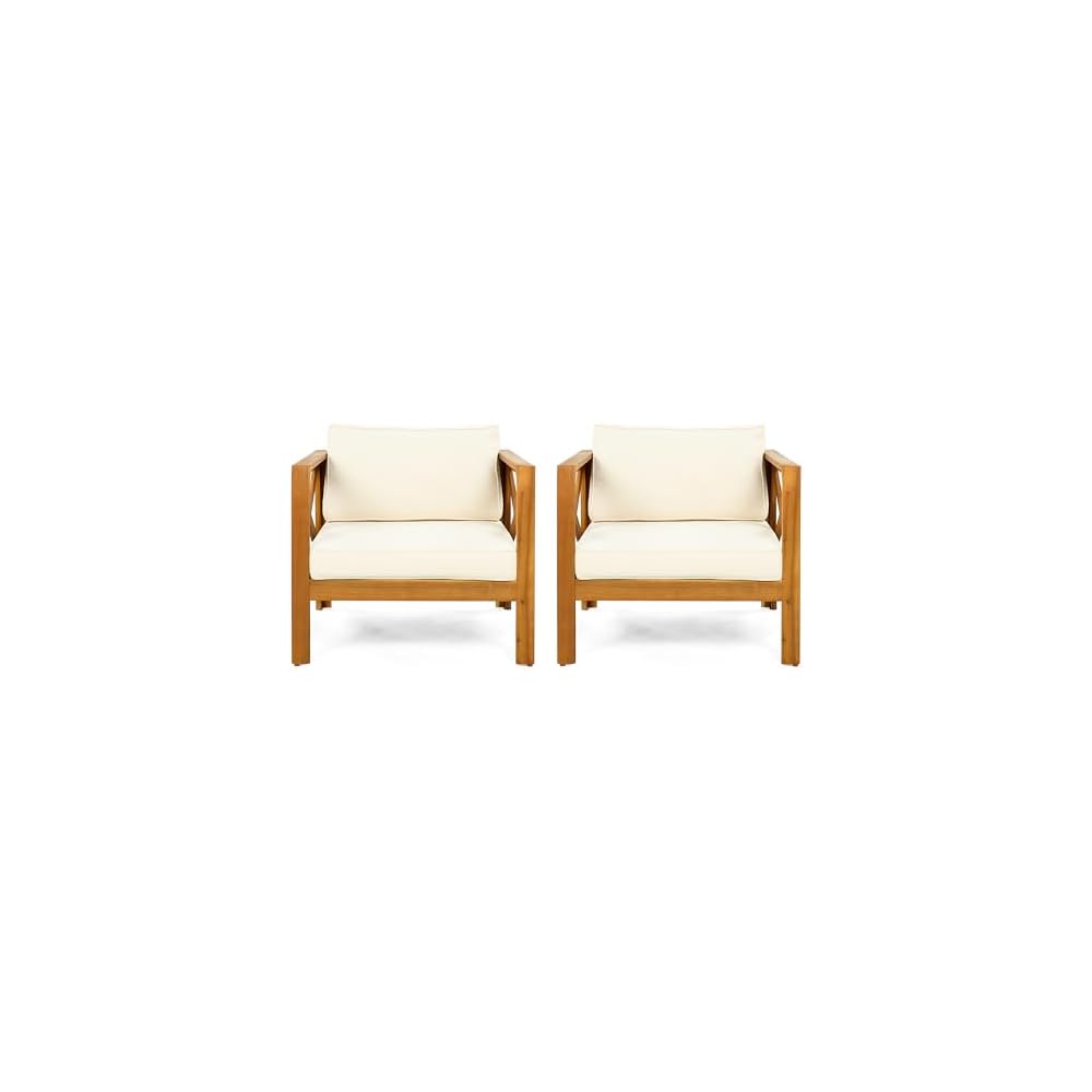 Christopher Knight Home Byrd Acacia Wood Outdoor Club Chair Set of 2 with Removable Cushion, Wooden Patio Accent Chair Set with Cushion, Poolside Garden Patio Furniture Set Armchair, Teak+Beige