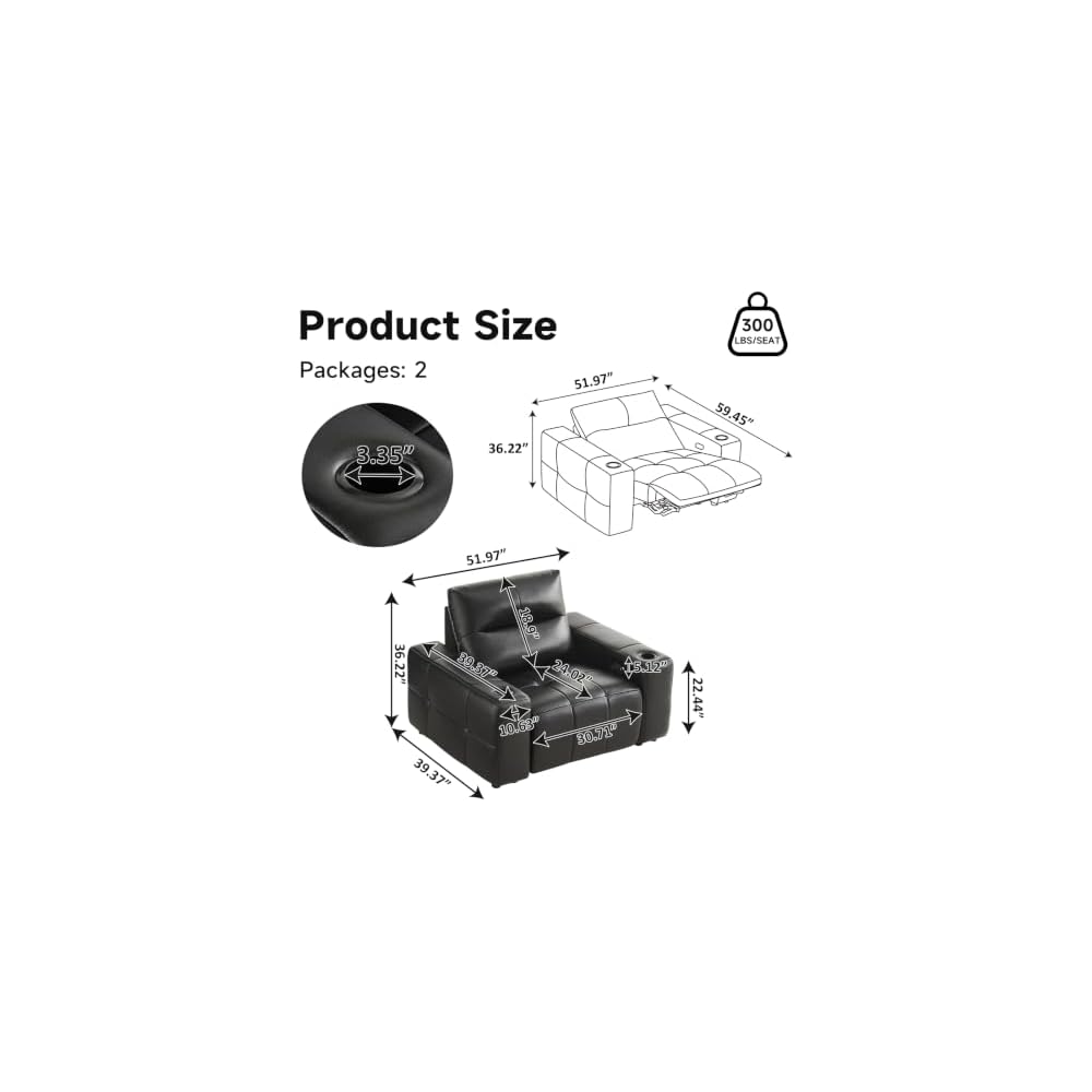 Single Sofa & 3 Seater Couch Black Zero Gravity Sofa Genuine Leather Power Recliner Sofa with USB Charge Luxury Couches with Cup Holder for Living Room, Home Theater, Office, Apartment