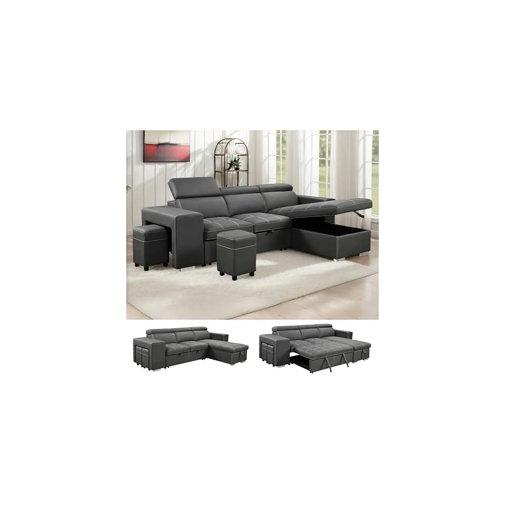 THSUPER 102'' Microfiber L Shaped Sectional Sleeper Sofa Couch with Pullout Bed and Storage Chaise, Convertible Couches with Adjustable Headrest for Living Room, Reversible Chaise. Charcoal Grey