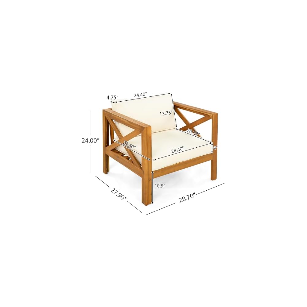 Christopher Knight Home Byrd Acacia Wood Outdoor Club Chair Set of 2 with Removable Cushion, Wooden Patio Accent Chair Set with Cushion, Poolside Garden Patio Furniture Set Armchair, Teak+Beige