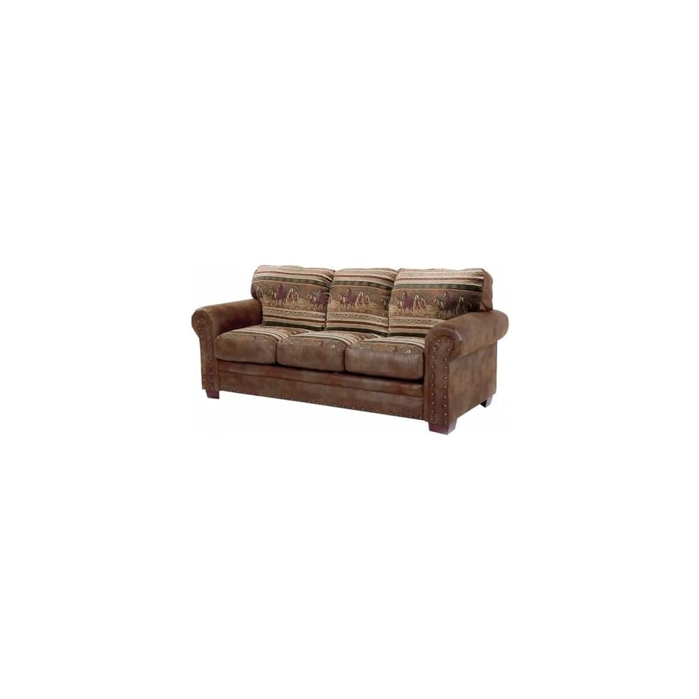 Pemberly Row Wild Horses Sleeper Sofa, 88" Microfiber Upholstery, Solid Wood Frame, Brown Finish, Queen Inner Spring Mattress, Rustic Nailhead Accent, Comfortable Lodge-Style Living Room Seating