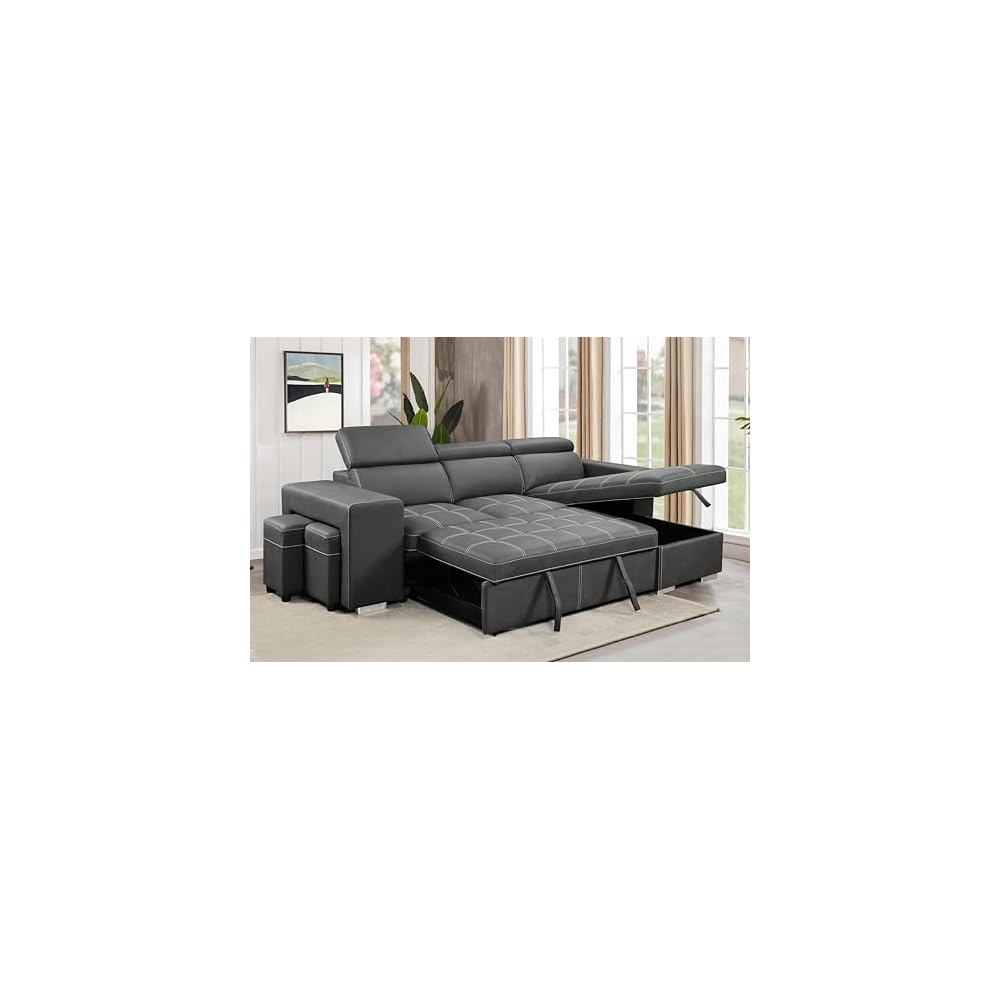 THSUPER 102'' Microfiber L Shaped Sectional Sleeper Sofa Couch with Pullout Bed and Storage Chaise, Convertible Couches with Adjustable Headrest for Living Room, Reversible Chaise. Charcoal Grey