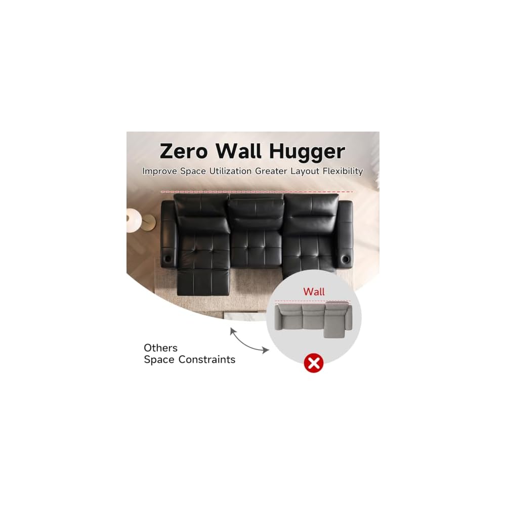 Single Sofa & 3 Seater Couch Black Zero Gravity Sofa Genuine Leather Power Recliner Sofa with USB Charge Luxury Couches with Cup Holder for Living Room, Home Theater, Office, Apartment