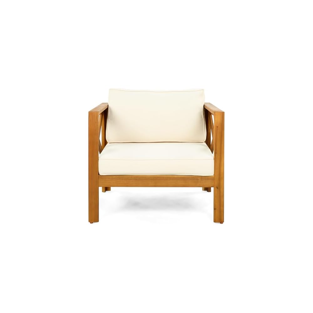 Christopher Knight Home Byrd Acacia Wood Outdoor Club Chair Set of 2 with Removable Cushion, Wooden Patio Accent Chair Set with Cushion, Poolside Garden Patio Furniture Set Armchair, Teak+Beige