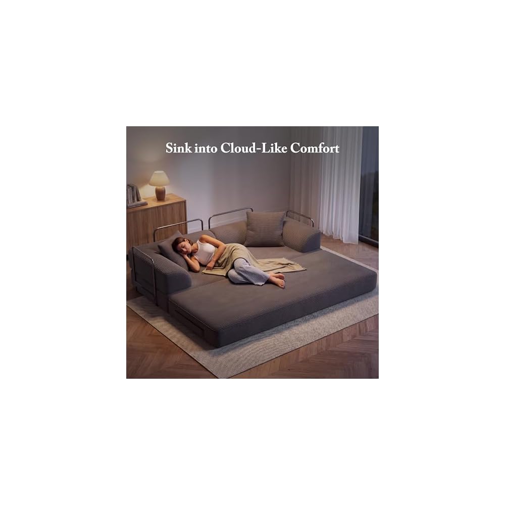 Cloud Boneless Couch Futon Sofa Bed, 5-in-1 Convertible Sofa Bed Pull Out Couch Sleeper Sofa Compressed Loveseat, 70" High-Density Sponge & Corduroy Fabric Futon Daybed for Living Room Bedroom (Gray)