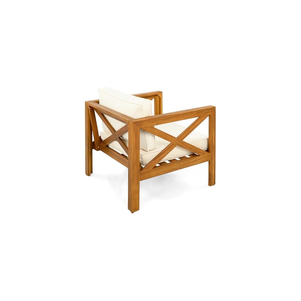 Christopher Knight Home Byrd Acacia Wood Outdoor Club Chair Set of 2 with Removable Cushion, Wooden Patio Accent Chair Set with Cushion, Poolside Garden Patio Furniture Set Armchair, Teak+Beige