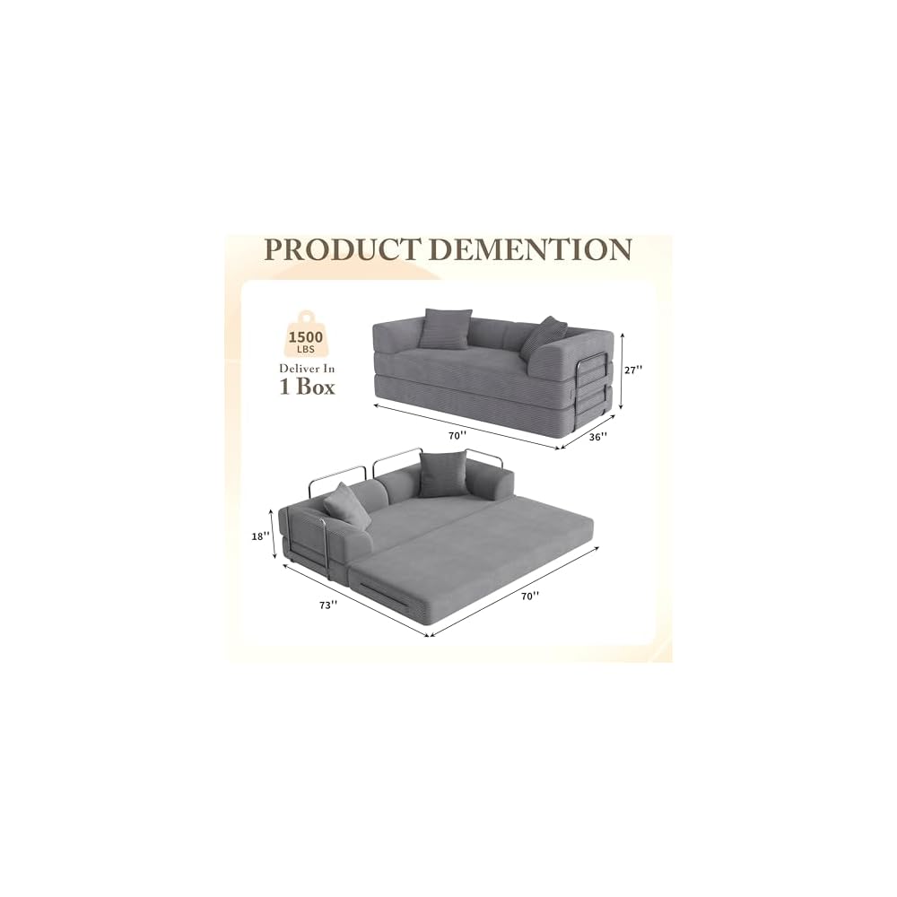 Cloud Boneless Couch Futon Sofa Bed, 5-in-1 Convertible Sofa Bed Pull Out Couch Sleeper Sofa Compressed Loveseat, 70" High-Density Sponge & Corduroy Fabric Futon Daybed for Living Room Bedroom (Gray)
