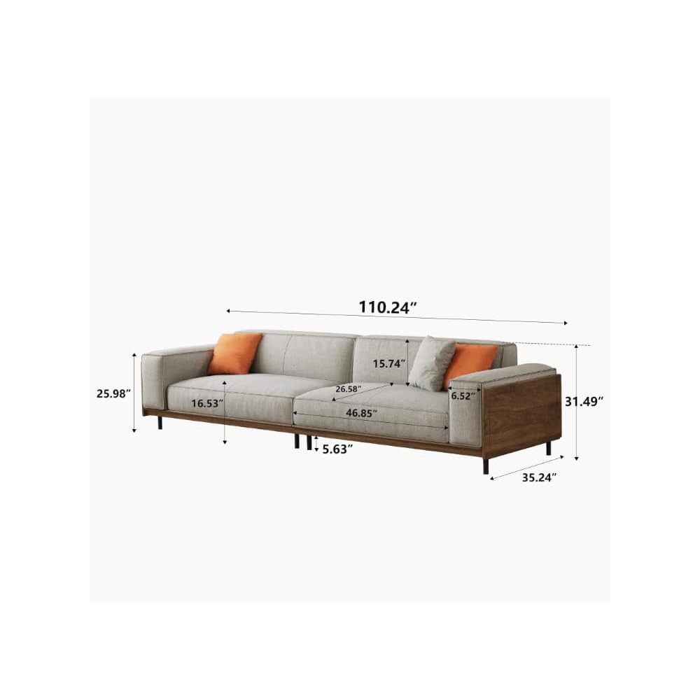110.24" Mid‑Century 4‑seat Cotton‑Linen Sofa with Throw Pillow