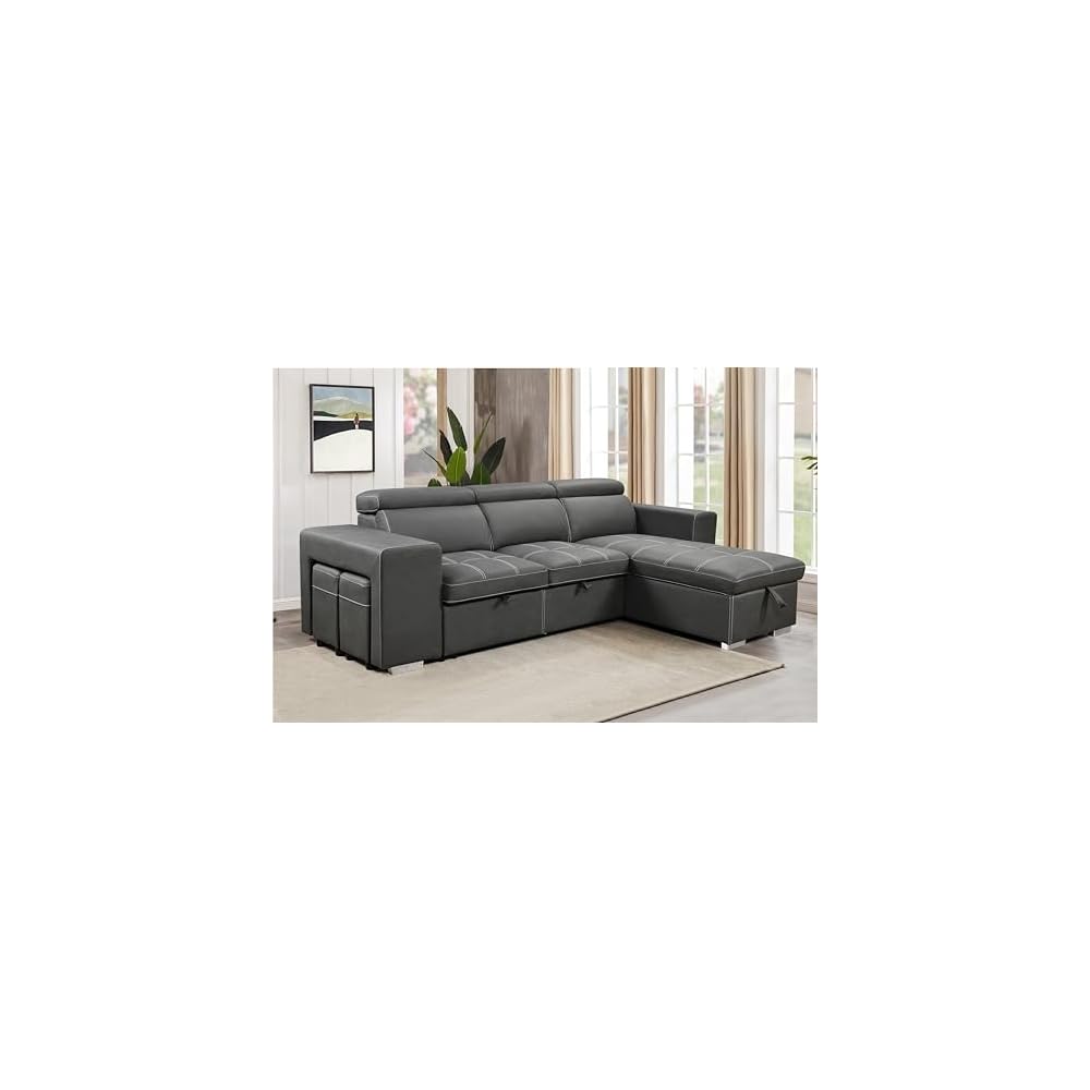 THSUPER 102'' Microfiber L Shaped Sectional Sleeper Sofa Couch with Pullout Bed and Storage Chaise, Convertible Couches with Adjustable Headrest for Living Room, Reversible Chaise. Charcoal Grey