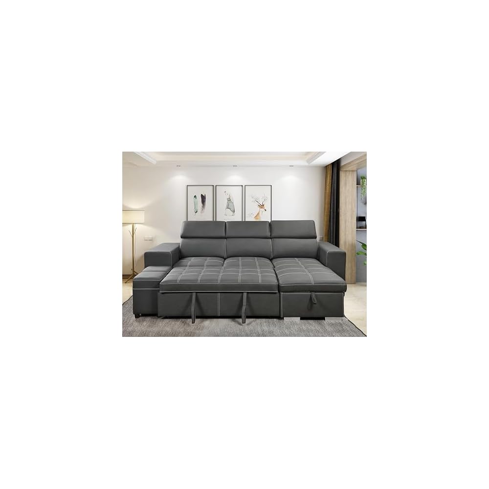 THSUPER 102'' Microfiber L Shaped Sectional Sleeper Sofa Couch with Pullout Bed and Storage Chaise, Convertible Couches with Adjustable Headrest for Living Room, Reversible Chaise. Charcoal Grey