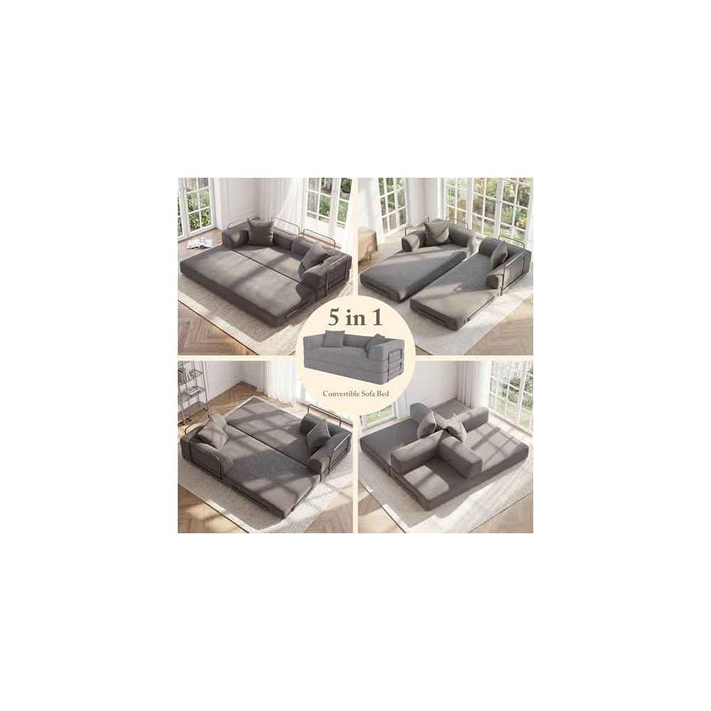 Cloud Boneless Couch Futon Sofa Bed, 5-in-1 Convertible Sofa Bed Pull Out Couch Sleeper Sofa Compressed Loveseat, 70" High-Density Sponge & Corduroy Fabric Futon Daybed for Living Room Bedroom (Gray)