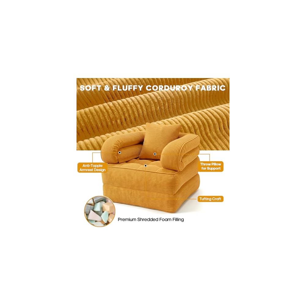 Folding Sofa Bed, Convertible Sleeper Chair with Armrests for Adults, Foldable Corduroy Boneless Bed, 3-in-1 Portable Futon Couch Floor Sofa with Pillow for Bedroom, Living Room, Orange