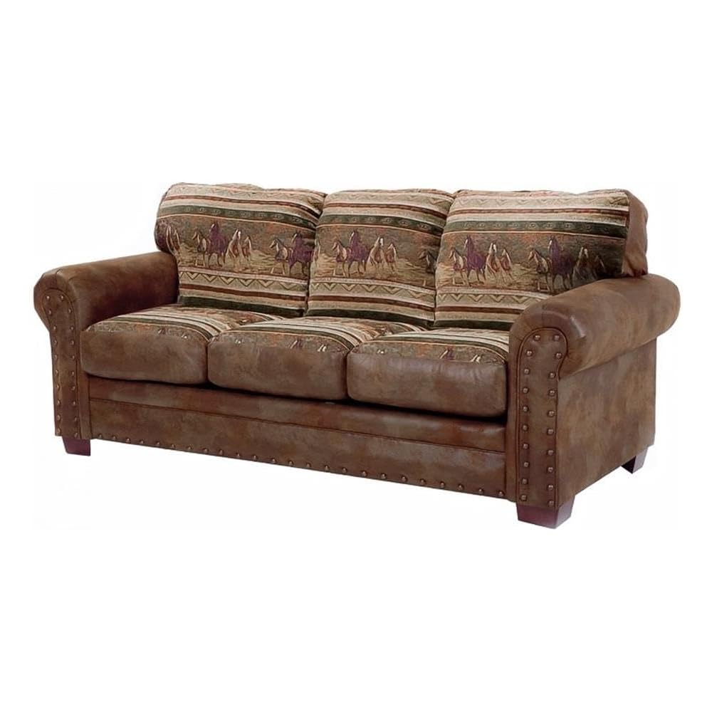 Pemberly Row Wild Horses Sleeper Sofa, 88" Microfiber Upholstery, Solid Wood Frame, Brown Finish, Queen Inner Spring Mattress, Rustic Nailhead Accent, Comfortable Lodge-Style Living Room Seating