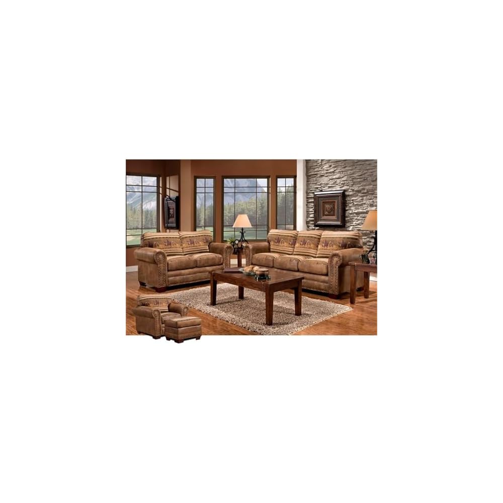 Pemberly Row Wild Horses Sleeper Sofa, 88" Microfiber Upholstery, Solid Wood Frame, Brown Finish, Queen Inner Spring Mattress, Rustic Nailhead Accent, Comfortable Lodge-Style Living Room Seating