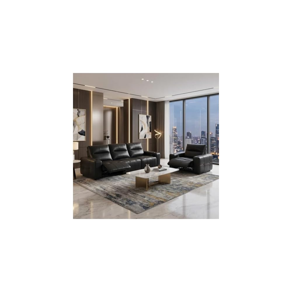 Single Sofa & 3 Seater Couch Black Zero Gravity Sofa Genuine Leather Power Recliner Sofa with USB Charge Luxury Couches with Cup Holder for Living Room, Home Theater, Office, Apartment