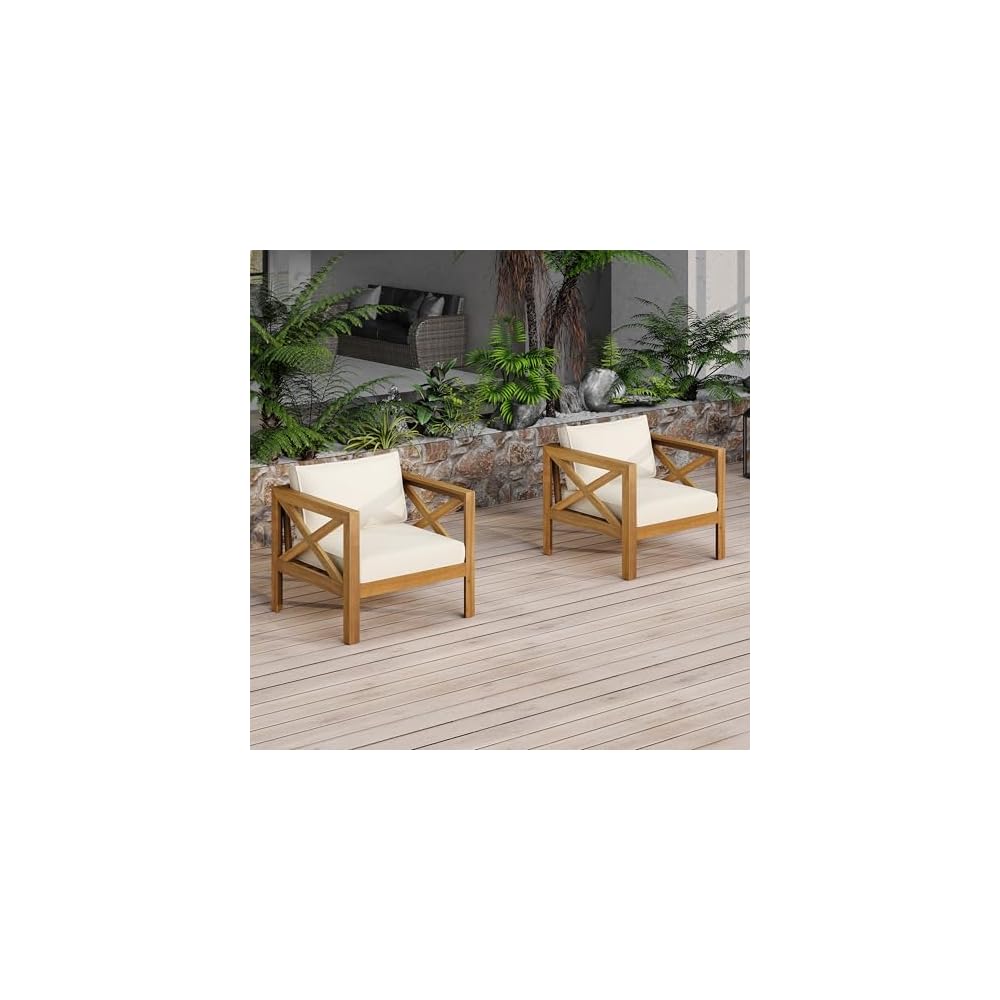 Christopher Knight Home Byrd Acacia Wood Outdoor Club Chair Set of 2 with Removable Cushion, Wooden Patio Accent Chair Set with Cushion, Poolside Garden Patio Furniture Set Armchair, Teak+Beige