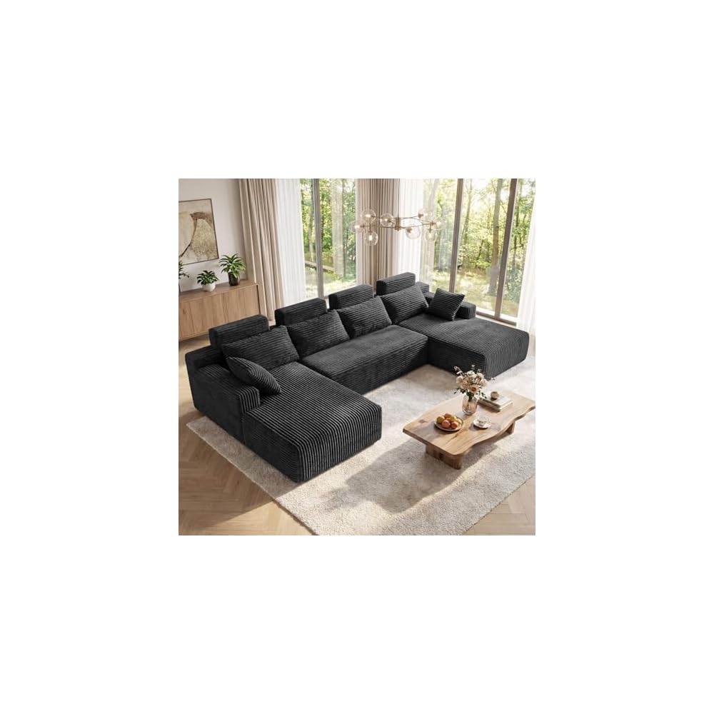 134" Oversized Modular Sectional Sofa, Modern Corduroy U Shaped Boneless Couch for Living Room, Cloud Couch with Deep Seat, No Assembly Required, Black
