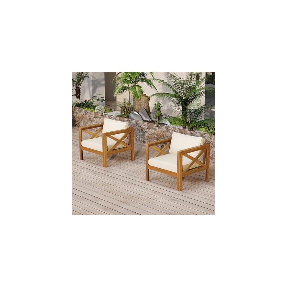 Christopher Knight Home Byrd Acacia Wood Outdoor Club Chair Set of 2 with Removable Cushion, Wooden Patio Accent Chair Set with Cushion, Poolside Garden Patio Furniture Set Armchair, Teak+Beige