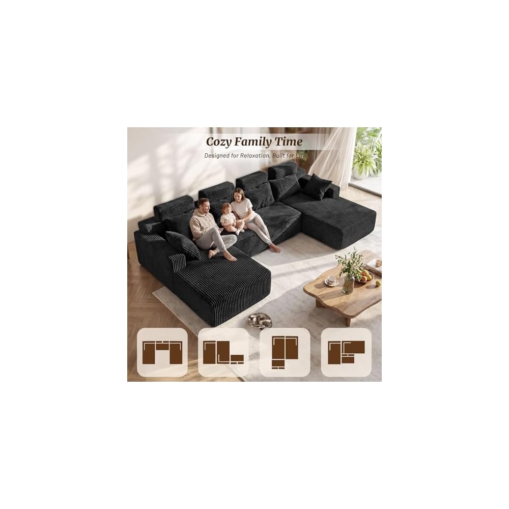 134" Oversized Modular Sectional Sofa, Modern Corduroy U Shaped Boneless Couch for Living Room, Cloud Couch with Deep Seat, No Assembly Required, Black
