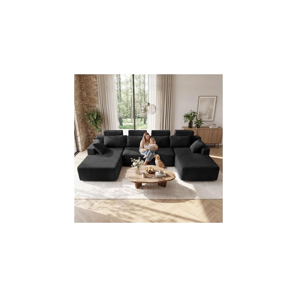 134" Oversized Modular Sectional Sofa, Modern Corduroy U Shaped Boneless Couch for Living Room, Cloud Couch with Deep Seat, No Assembly Required, Black