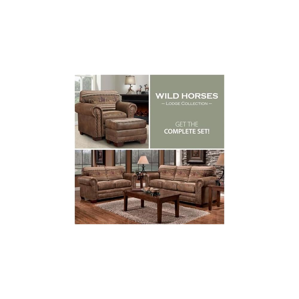 Pemberly Row Wild Horses Sleeper Sofa, 88" Microfiber Upholstery, Solid Wood Frame, Brown Finish, Queen Inner Spring Mattress, Rustic Nailhead Accent, Comfortable Lodge-Style Living Room Seating