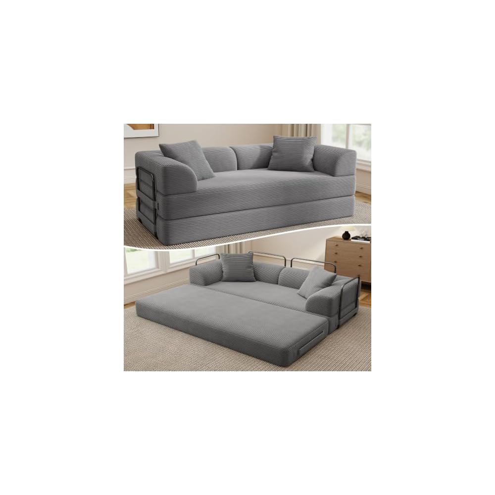 Cloud Boneless Couch Futon Sofa Bed, 5-in-1 Convertible Sofa Bed Pull Out Couch Sleeper Sofa Compressed Loveseat, 70" High-Density Sponge & Corduroy Fabric Futon Daybed for Living Room Bedroom (Gray)