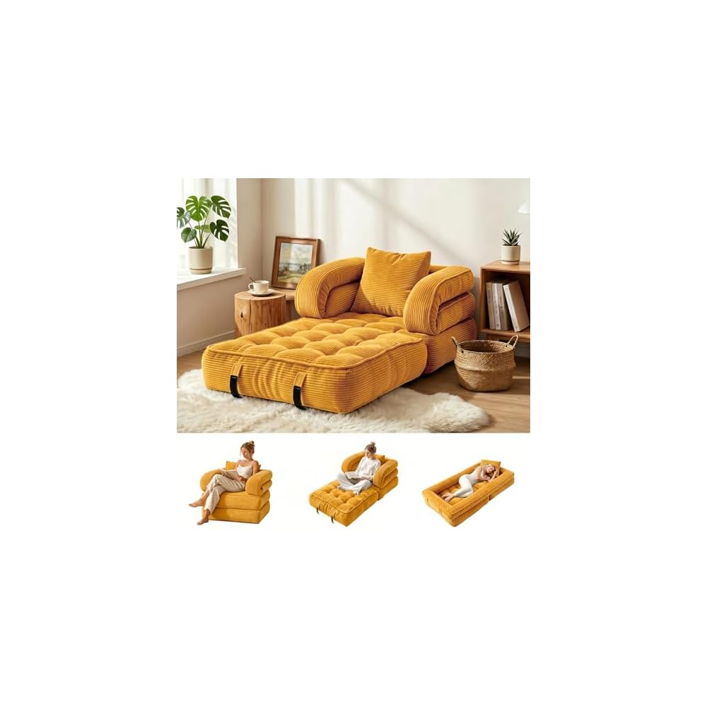 Folding Sofa Bed, Convertible Sleeper Chair with Armrests for Adults, Foldable Corduroy Boneless Bed, 3-in-1 Portable Futon Couch Floor Sofa with Pillow for Bedroom, Living Room, Orange