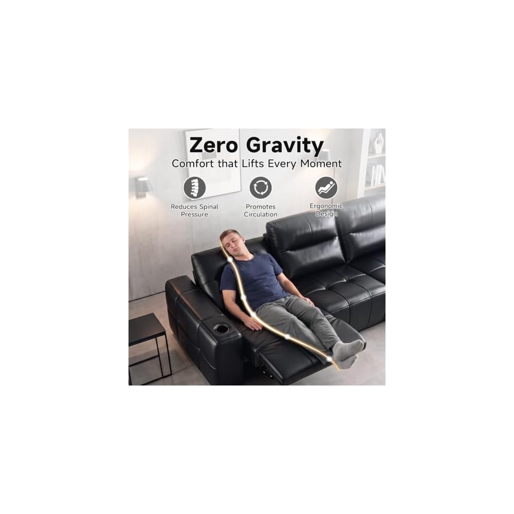 Single Sofa & 3 Seater Couch Black Zero Gravity Sofa Genuine Leather Power Recliner Sofa with USB Charge Luxury Couches with Cup Holder for Living Room, Home Theater, Office, Apartment