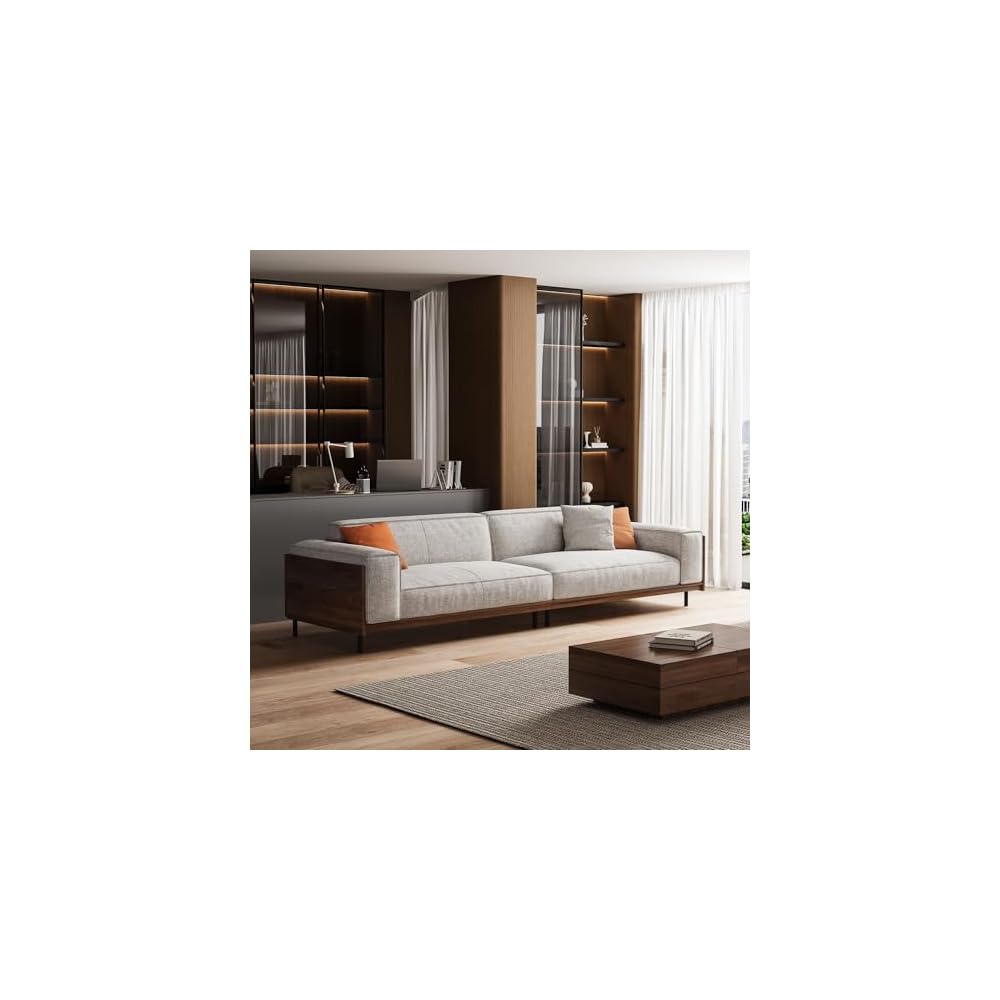 110.24" Mid‑Century 4‑seat Cotton‑Linen Sofa with Throw Pillow