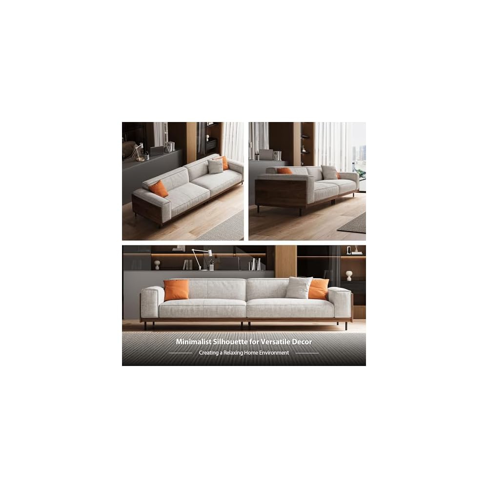 110.24" Mid‑Century 4‑seat Cotton‑Linen Sofa with Throw Pillow