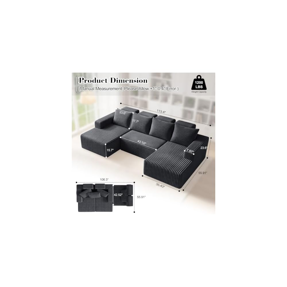 113'' Modular Sectional Boneless Couches for Living Room,Grey