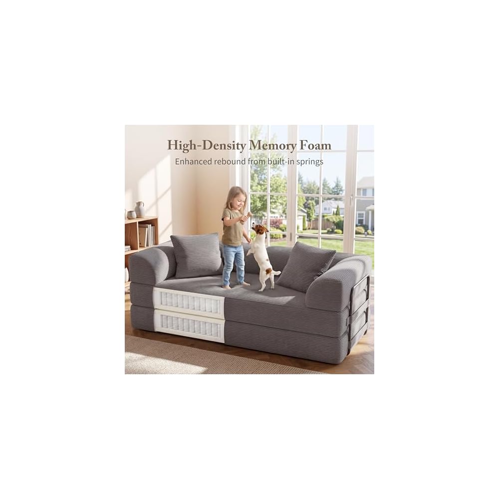 Cloud Boneless Couch Futon Sofa Bed, 5-in-1 Convertible Sofa Bed Pull Out Couch Sleeper Sofa Compressed Loveseat, 70" High-Density Sponge & Corduroy Fabric Futon Daybed for Living Room Bedroom (Gray)