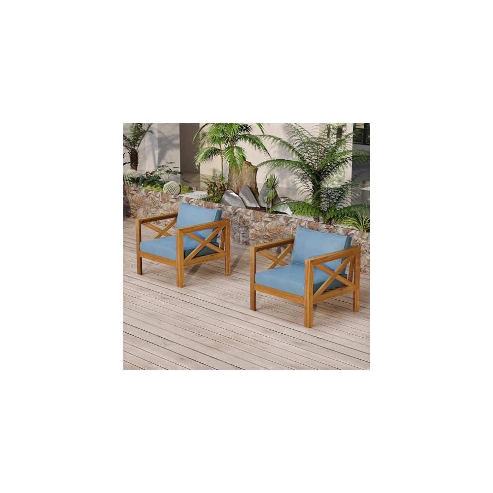 Christopher Knight Home Byrd Acacia Wood Outdoor Club Chair Set of 2 with Removable Cushion, Wooden Patio Accent Chair Set with Cushion, Poolside Garden Patio Furniture Set Armchair, Teak+Beige