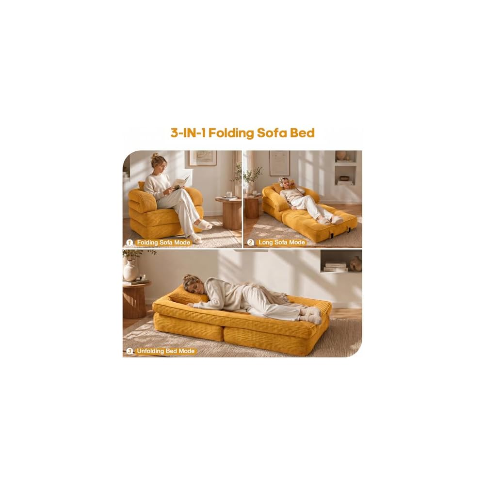 Folding Sofa Bed, Convertible Sleeper Chair with Armrests for Adults, Foldable Corduroy Boneless Bed, 3-in-1 Portable Futon Couch Floor Sofa with Pillow for Bedroom, Living Room, Orange