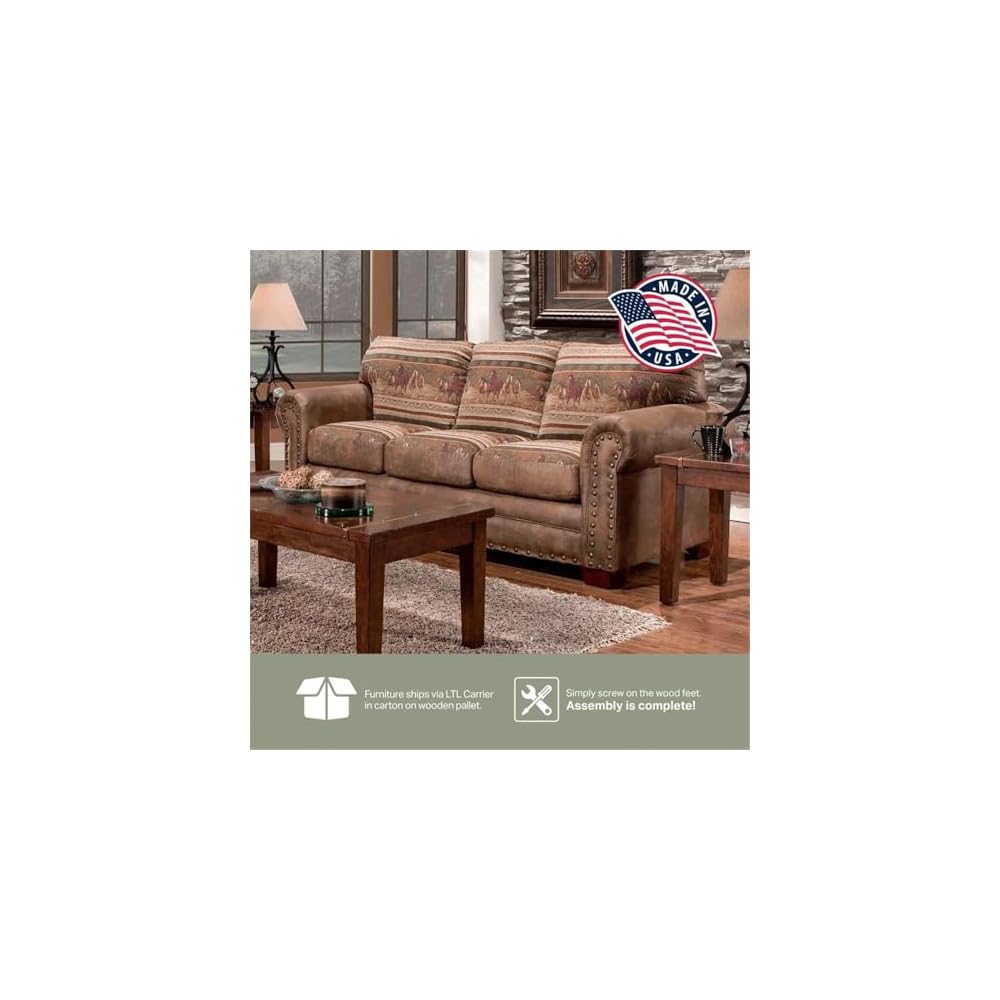 Pemberly Row Wild Horses Sleeper Sofa, 88" Microfiber Upholstery, Solid Wood Frame, Brown Finish, Queen Inner Spring Mattress, Rustic Nailhead Accent, Comfortable Lodge-Style Living Room Seating