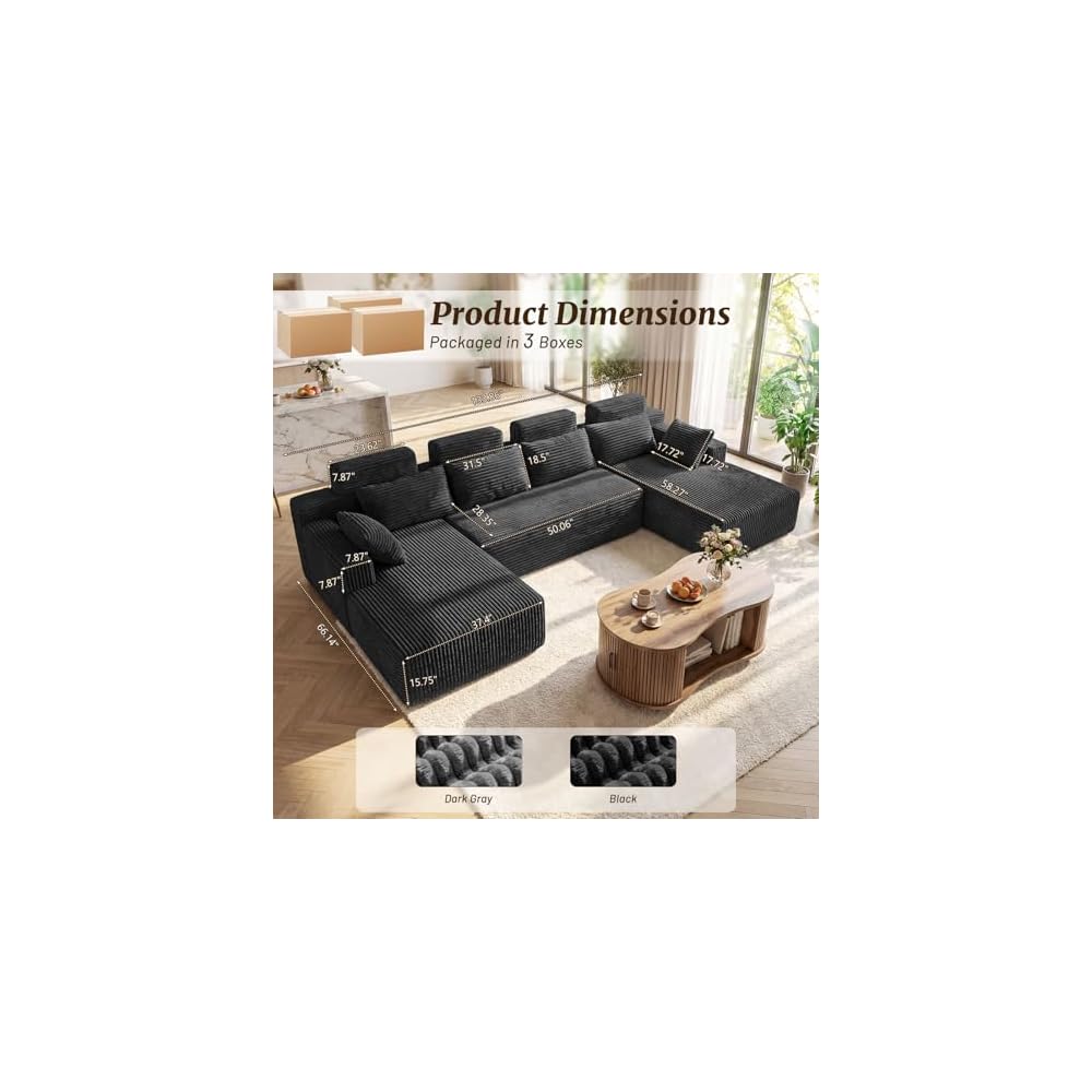 134" Oversized Modular Sectional Sofa, Modern Corduroy U Shaped Boneless Couch for Living Room, Cloud Couch with Deep Seat, No Assembly Required, Black