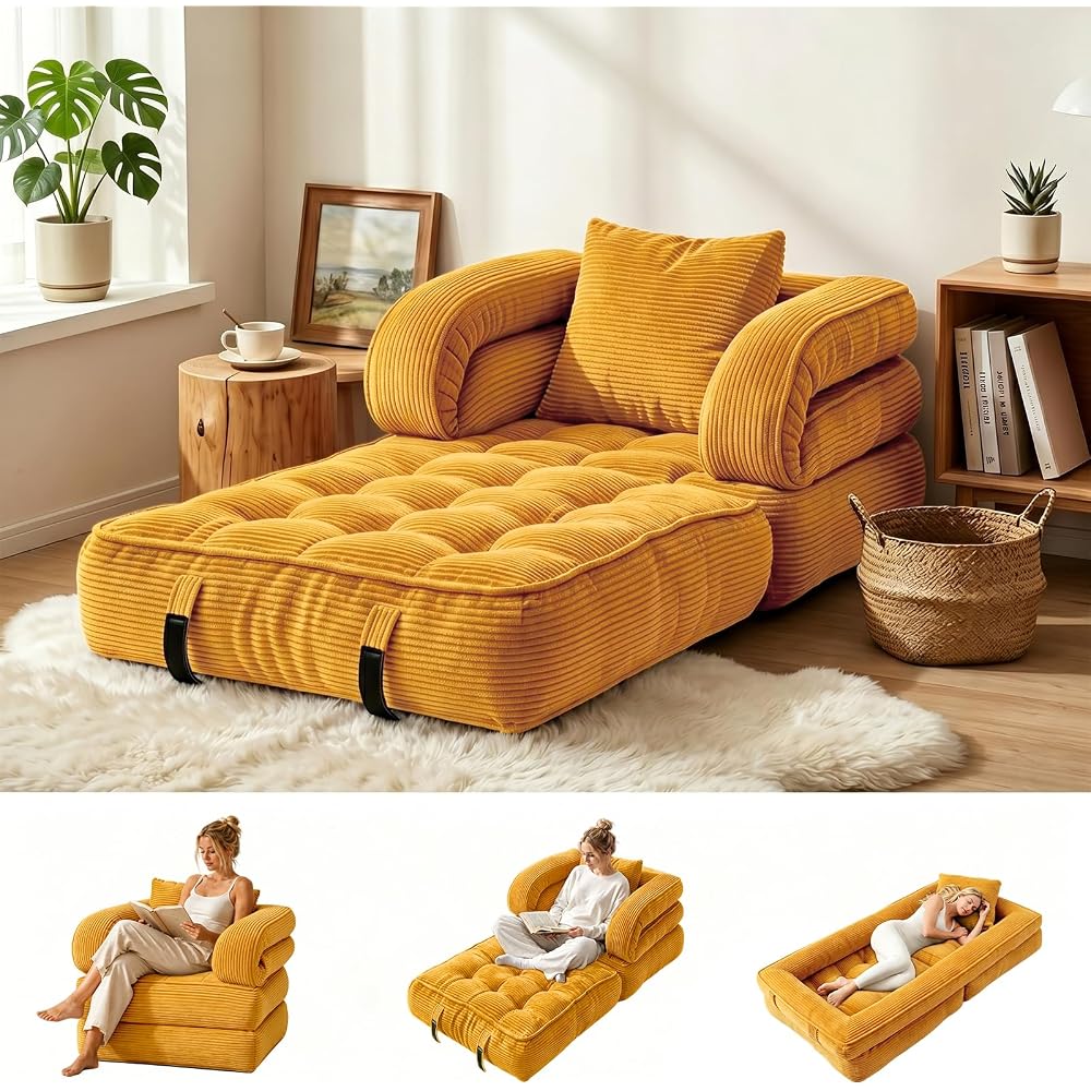 Folding Sofa Bed, Convertible Sleeper Chair with Armrests for Adults, Foldable Corduroy Boneless Bed, 3-in-1 Portable Futon Couch Floor Sofa with Pillow for Bedroom, Living Room, Orange