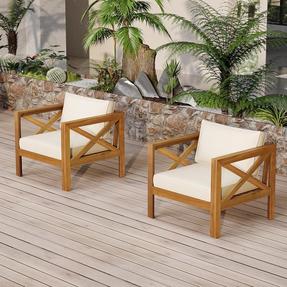 Christopher Knight Home Byrd Acacia Wood Outdoor Club Chair Set of 2 with Removable Cushion, Wooden Patio Accent Chair Set with Cushion, Poolside Garden Patio Furniture Set Armchair, Teak+Beige